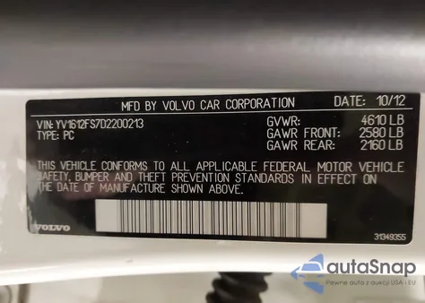 2013 Volvo S60 T5/T5 Platinum/T5 Premier/T5 Premier Plus из США, поврежденный, VIN YV1612FS7D2200213